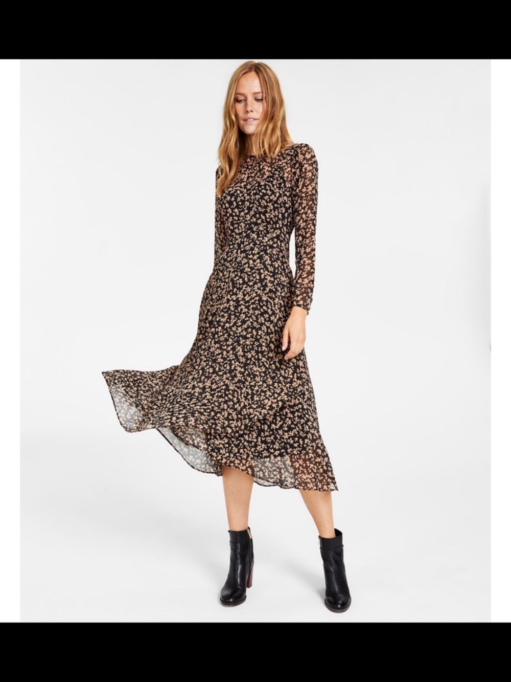 Tommy Hilfiger Black Floral Long-Sleeve Midi Dress NWOT